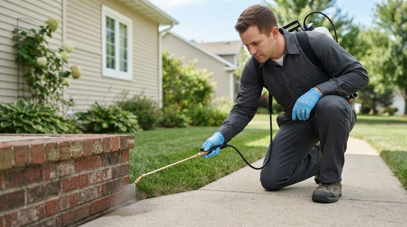 Pest control technician treating a home near Novelty, OH