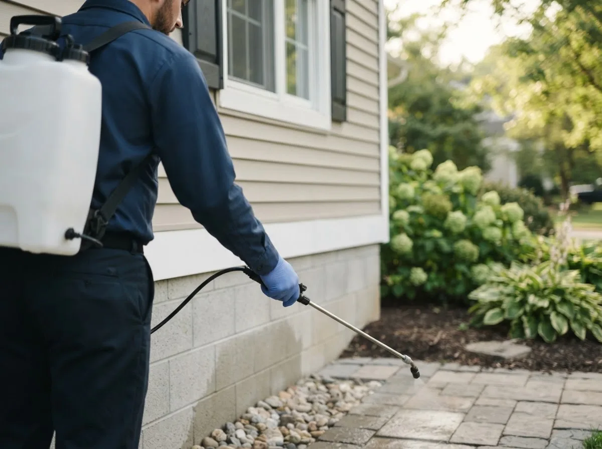 Pest control technician inspecting a home in Novelty, OH